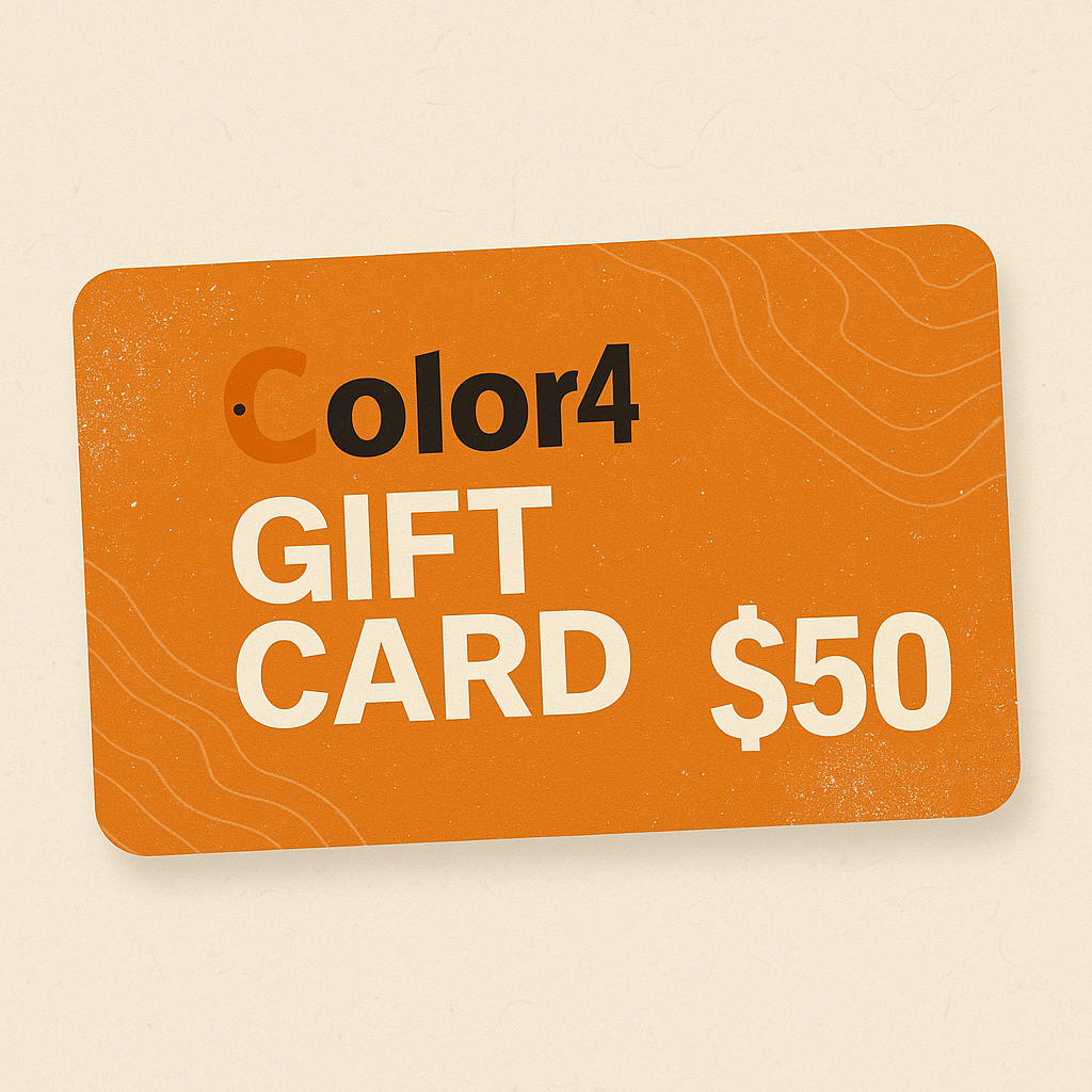 Gift card with 'Color4' branding and a value of $10, $25, $50 or $100