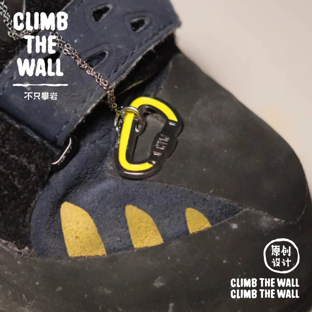 Close-up of a climbing shoe with a carabiner and text 'CLIMB THE WALL' on a white background.