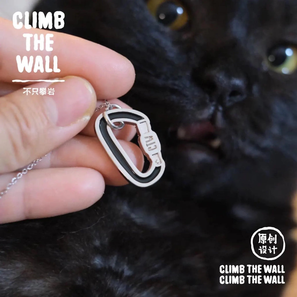 Person holding a carabiner with 'CLIMB THE WALL' text next to a black cat.